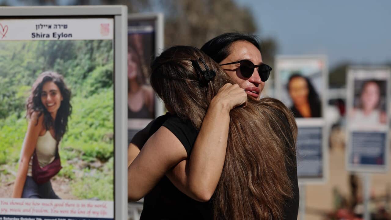Israeli family members visiting the memorials at the site of the Nova music festival, near Re'im, on the second anniversary of the 07 October 2023 Hamas attacks