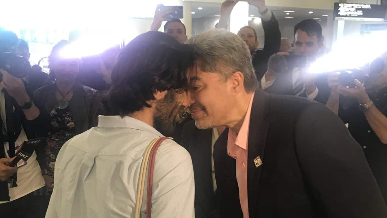 Maori Iwi Ngai Tahu greets Behrouz Boochani at Christchurch airport.
