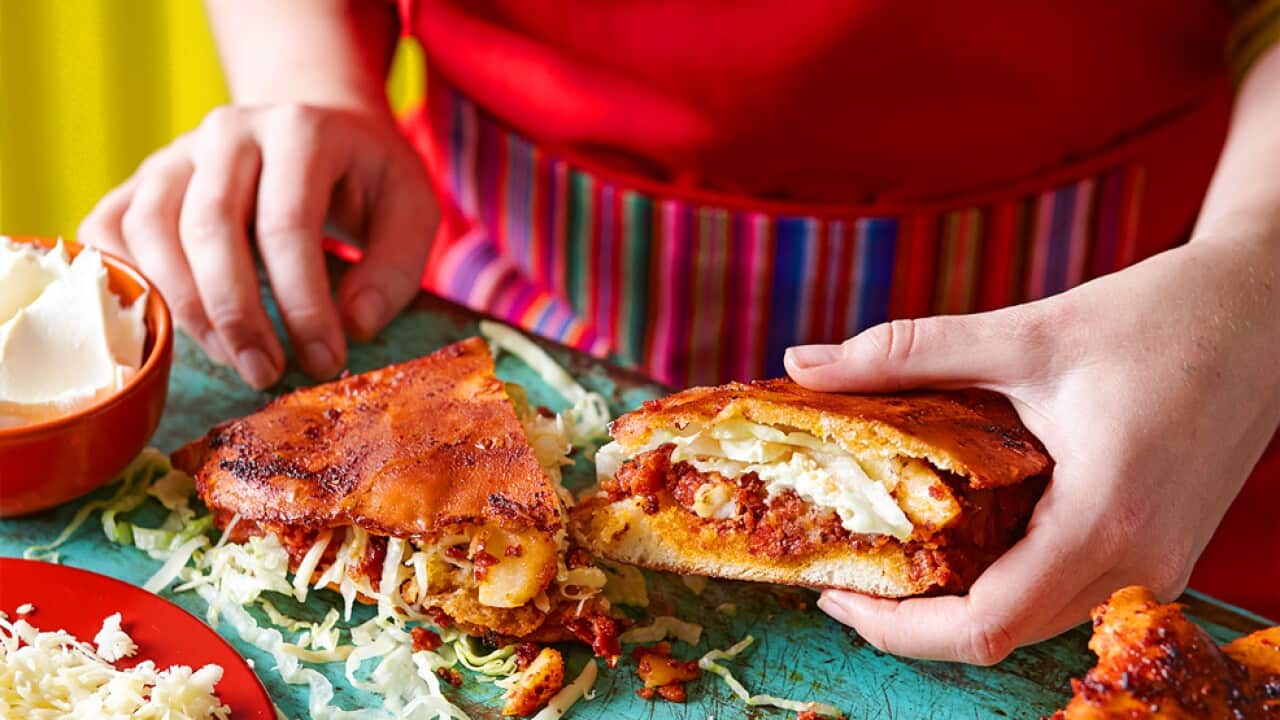 Mexican potato and chorizo sandwiches (pambazos)