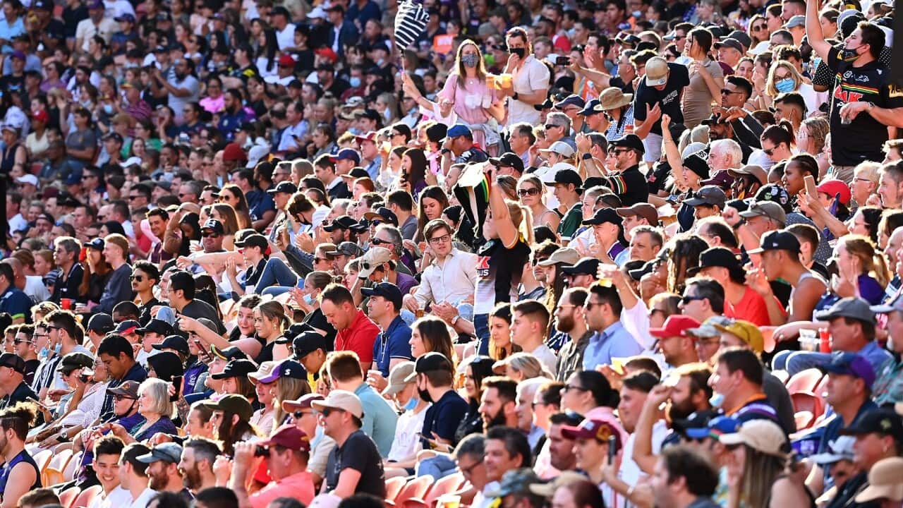 Spectators are seen during the NRL Preliminary Final match between Melbourne Storm and Penrith Panthers at Suncorp Stadium in Brisbane, Saturday, September 25, 202