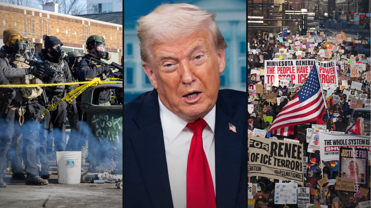 Three-panel image showing armed police, a US President Donald Trump speaking, and a mass protest with signs.