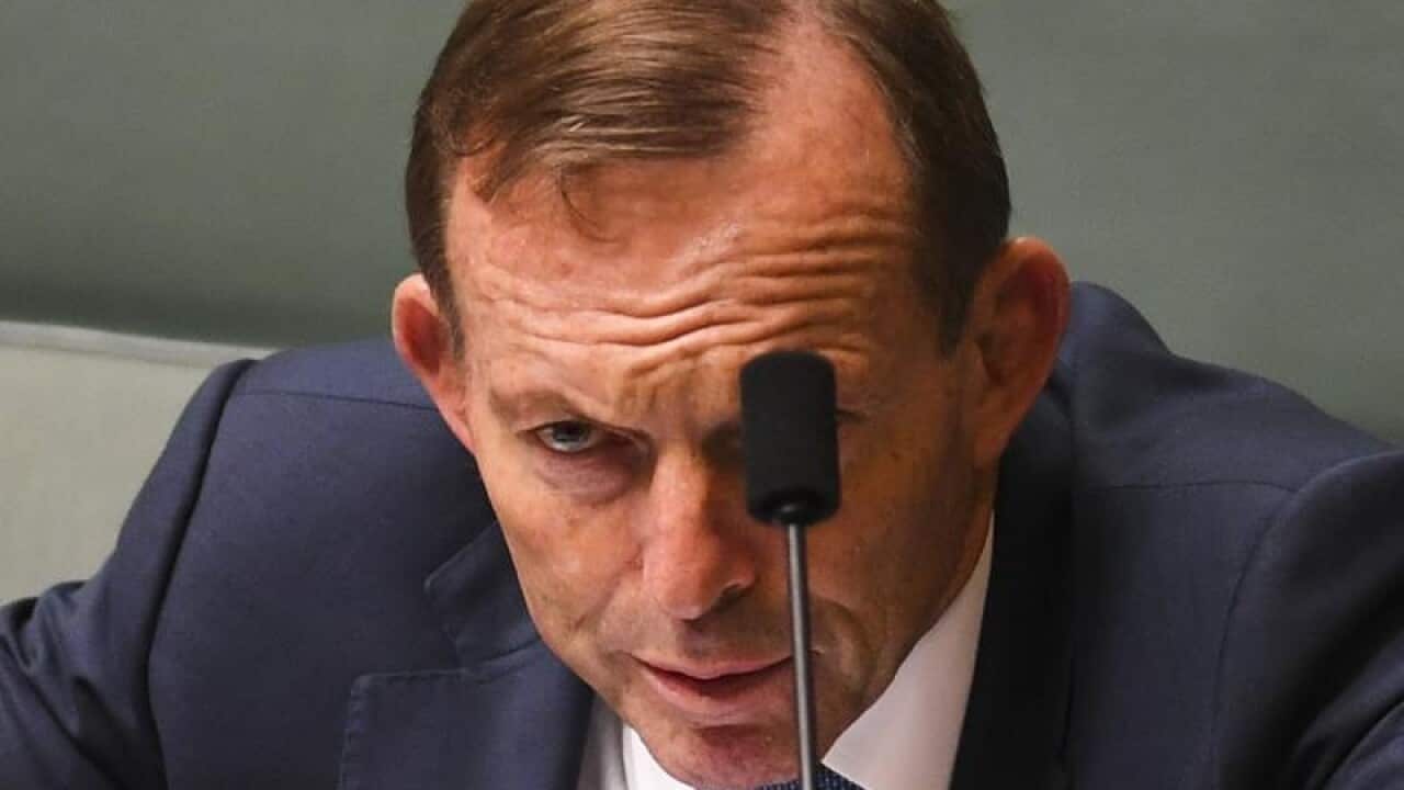 Former Australian prime minister Tony Abbott reacts during debate