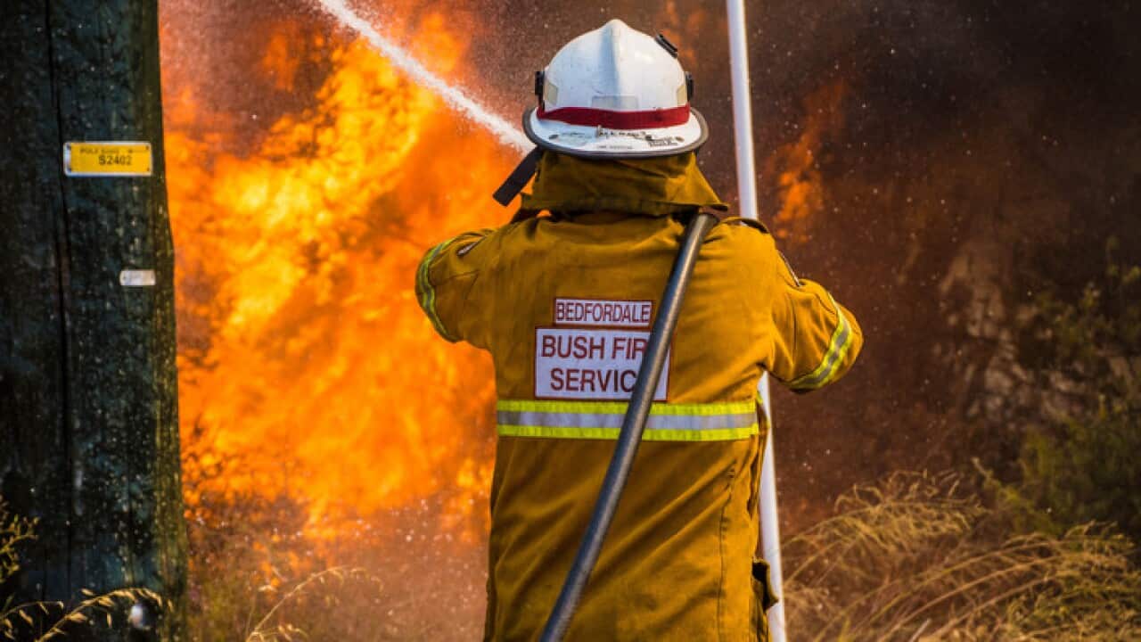 A wildfire burning in the Gell River area of Tasmania, Australia in February 2019