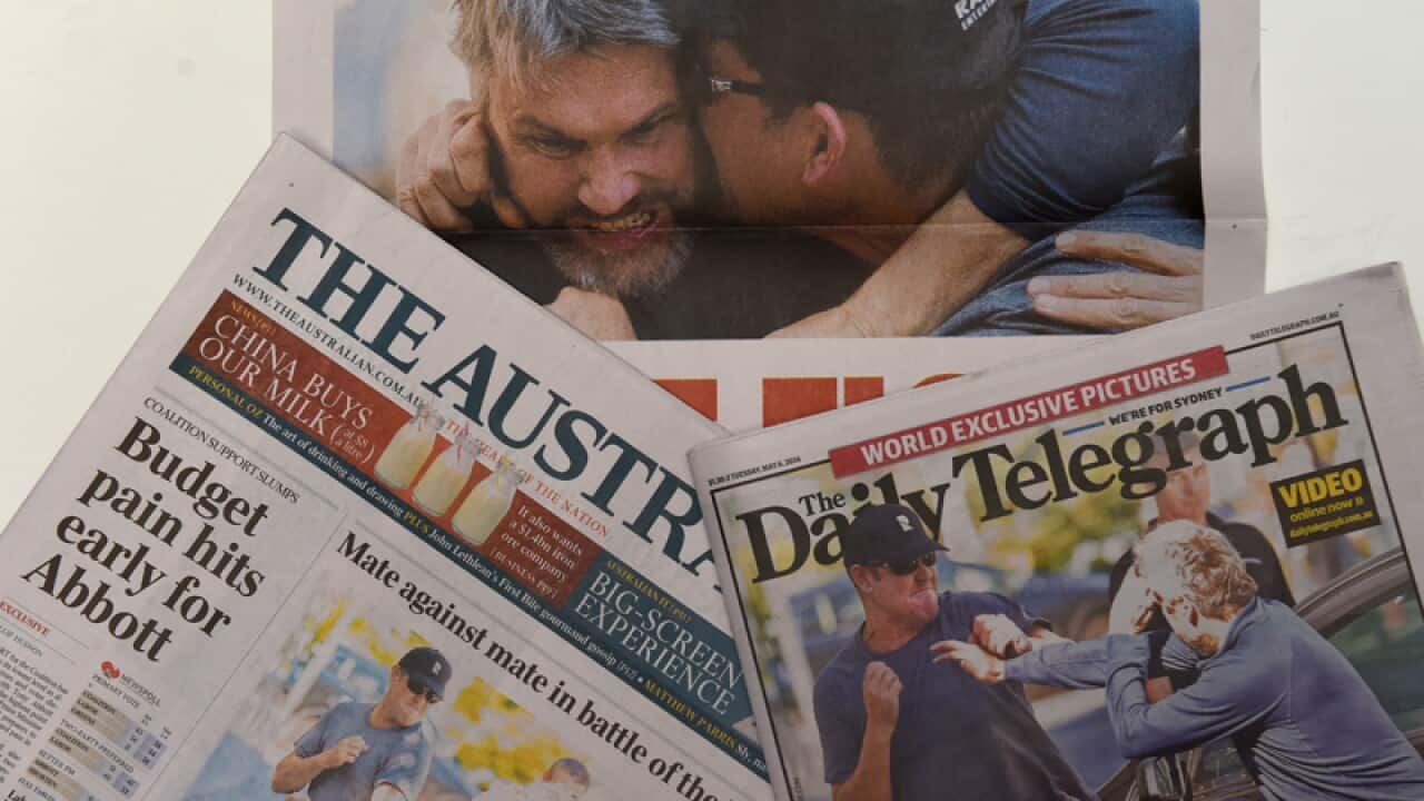 newspapers displaying photographs James Packer and David Gyngell