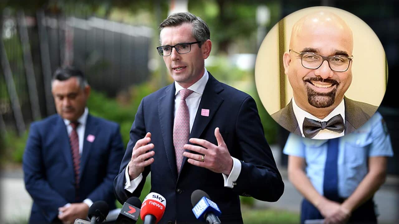 NSW Treasurer Dominic Perrottet speaks to the media during a press conference in Sydney. Inset: Theo Soumyaraj
