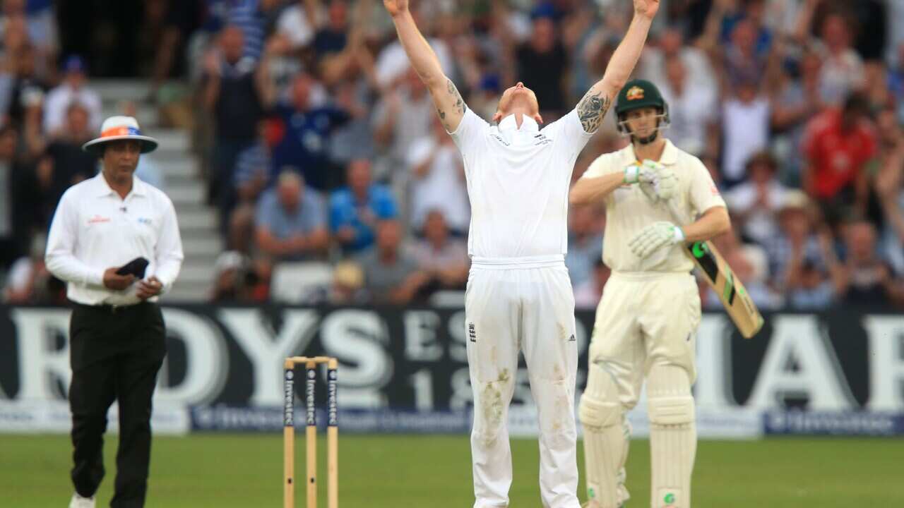 England's Ben Stokes celebrates taking the wicket of Australia's Mitchell Johnson during day two of the Fourth Investec Ashes Test at Trent Bridge, Nottingham