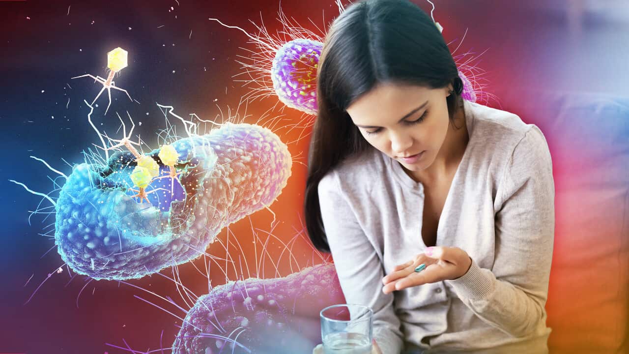 A graphic image of a woman taking some pills surrounded by threatening superbugs.