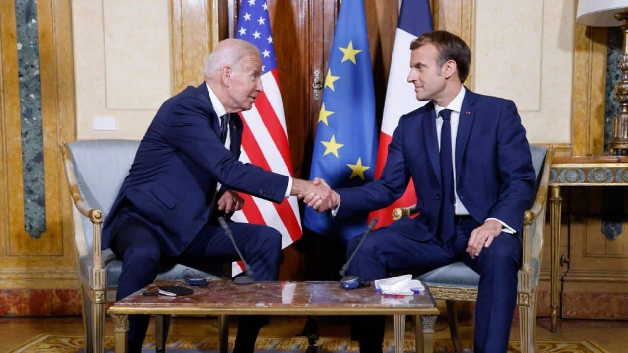 French President Emmanuel Macron (R) and US President Joe Biden (L) during their meeting at the French Embassy to the Vatican in Rome, 29 October, 2021.