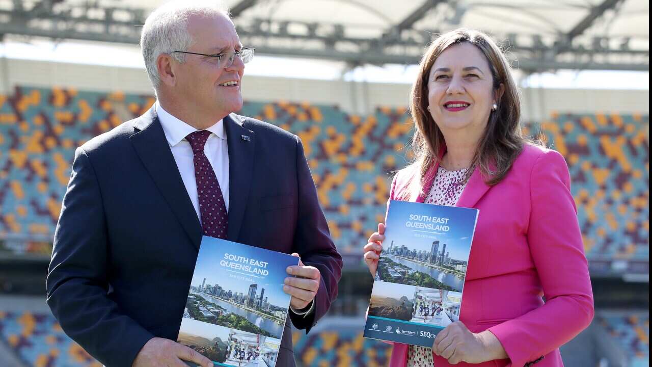 March 21, 2022. The prime minister was in Brisbane on Monday to launch a $1.8 billion joint investment between state, local and federal governments to facilitate more than 30 projects, as part of a "city deal" for southeast Queensland. (AAP Image/Jono Se