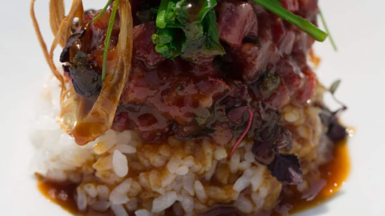 Japanese raw wagyu beef bowl (yukke gyudon) SBS Food