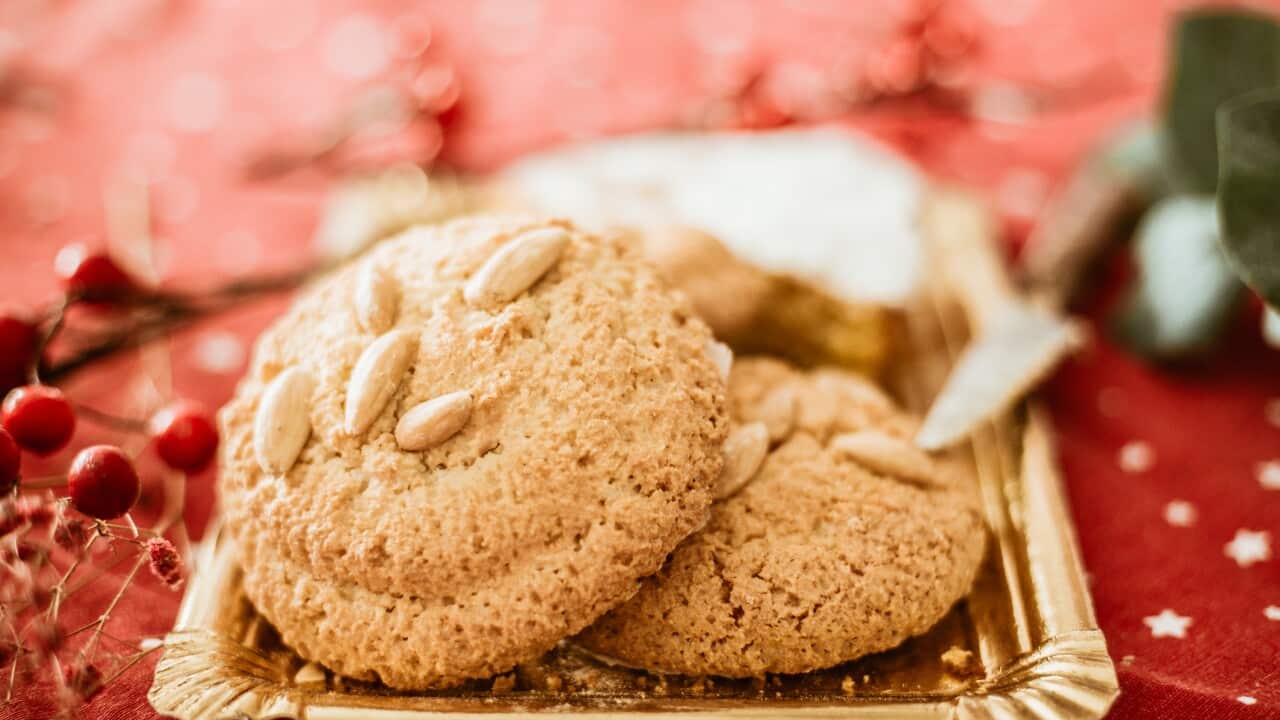 Overhead view of crunchy pistachio and almond cookies