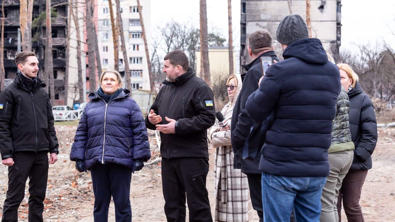 Destroyed building in Irpin after a year of invasion of Ukraine