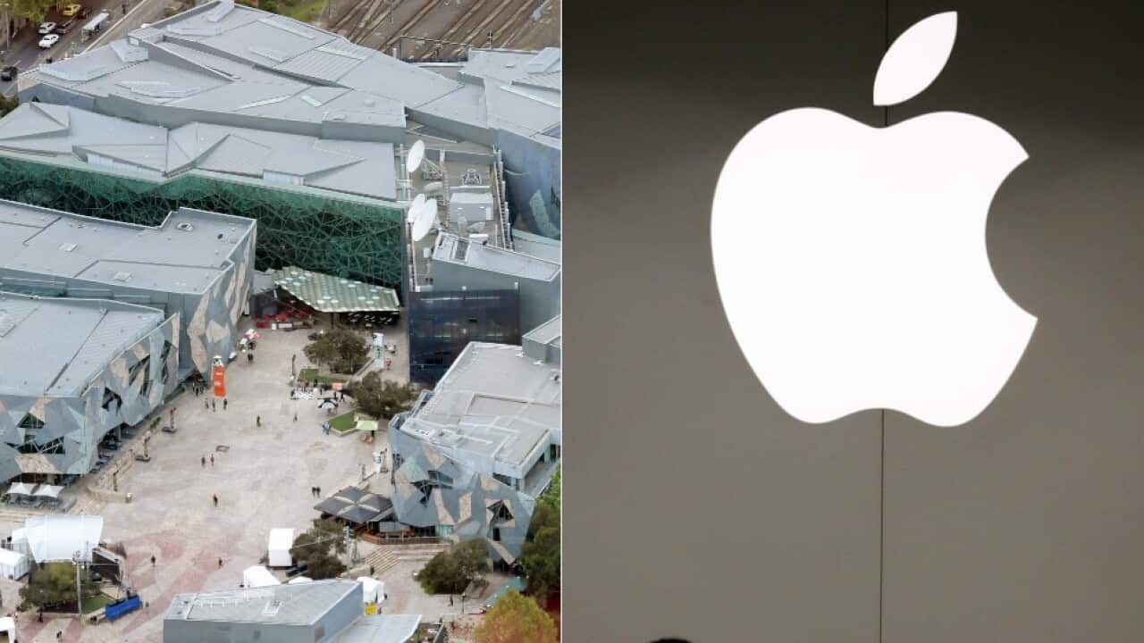 File image of Melbourne's Federation Square, and an Apple store 