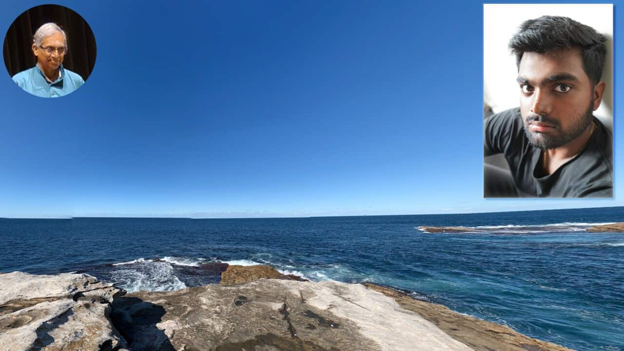 Little Bay Beach, Sydney where Adshayan Arunasalam (top right) was last seen on Easter Friday, 18 April, 2025. Inset (top left): T Thirunanthakumar, maternal uncle of Adshayan