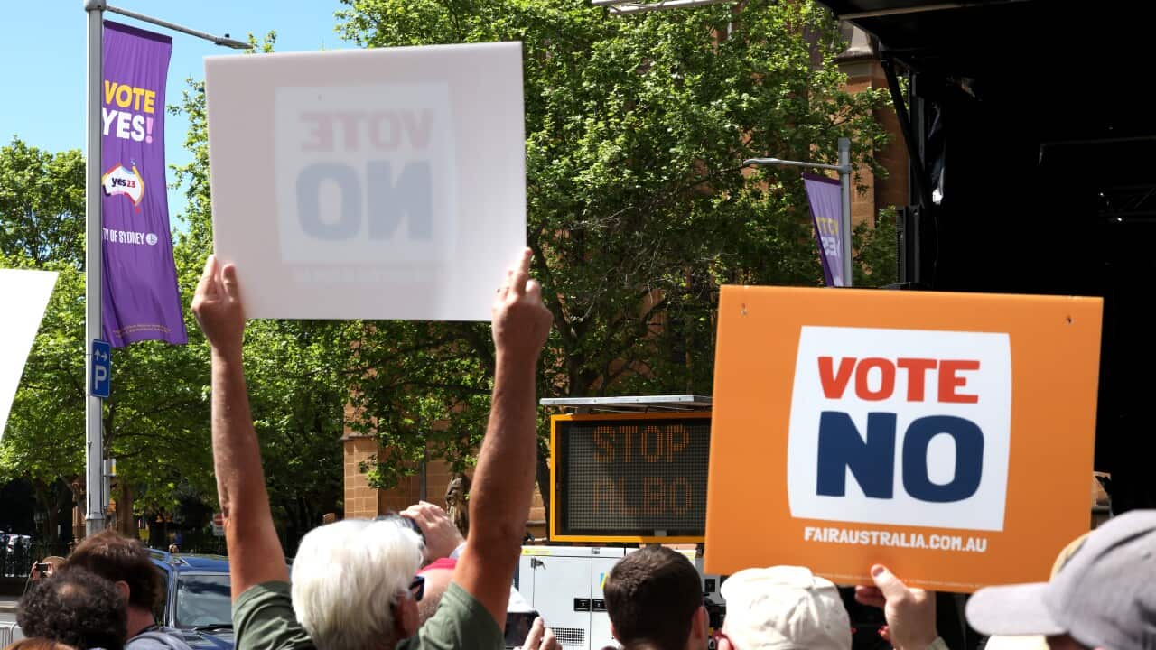 People take part in a rally against the Voice to Parliament in Hyde Park, Sydney, Saturday, September 23, 2023.