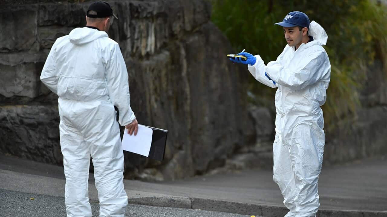 Forensic police officers at the scene where a body was discovered in Minogue Crescent in Forest Lodge, Sydney.