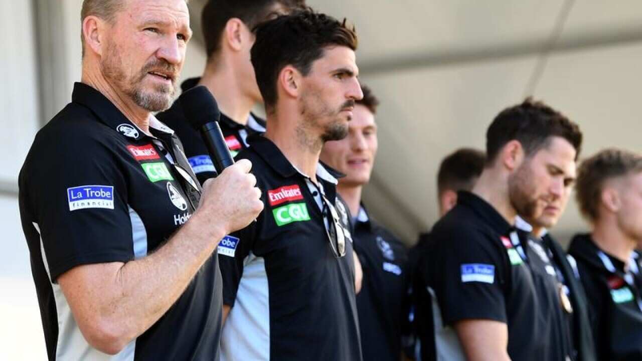 Collingwood coach Nathan Buckley at Olympic Park