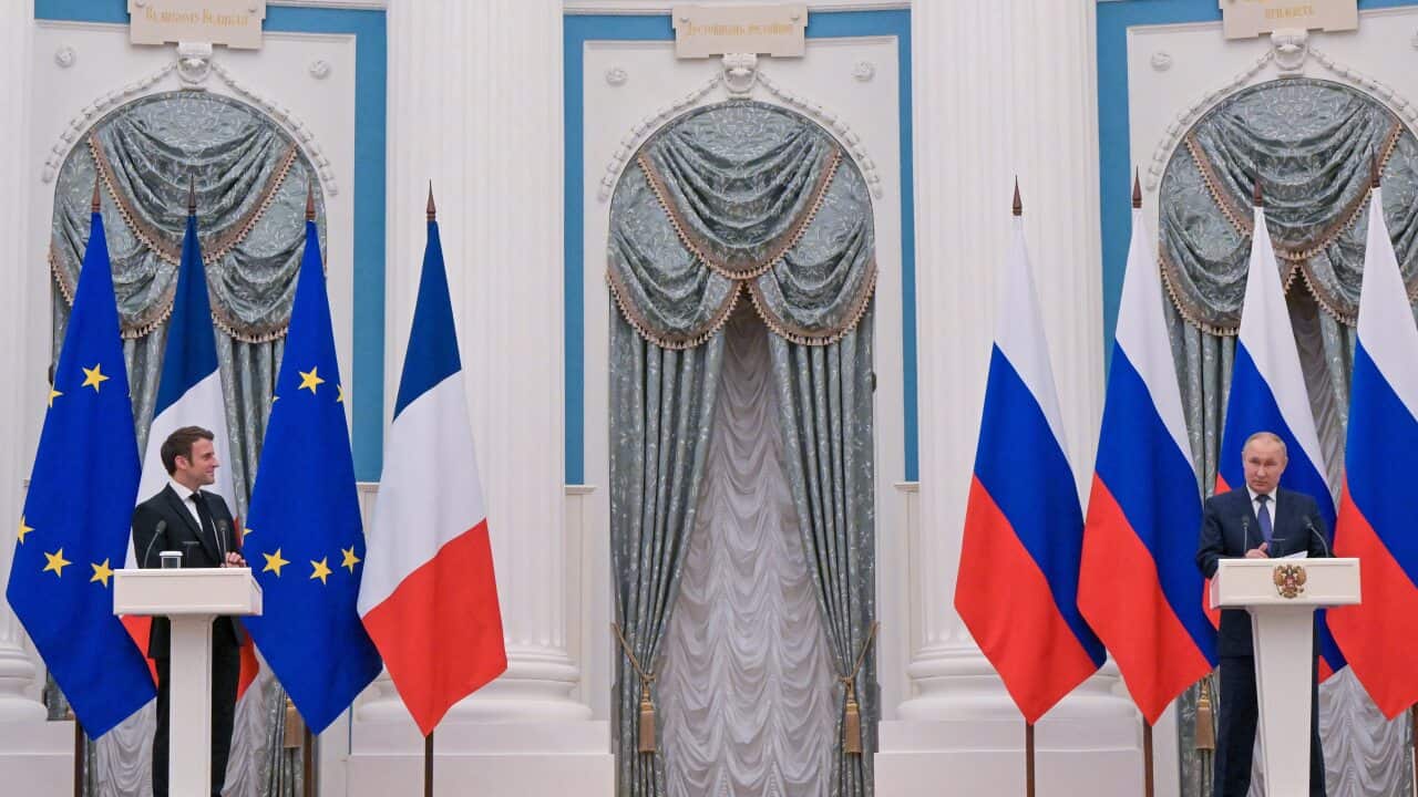 French president Emmanuel Macron (left) and Russian president Vladimir Putin at a joint press conference following their talks at the Kremlin on the Ukraine crisis.