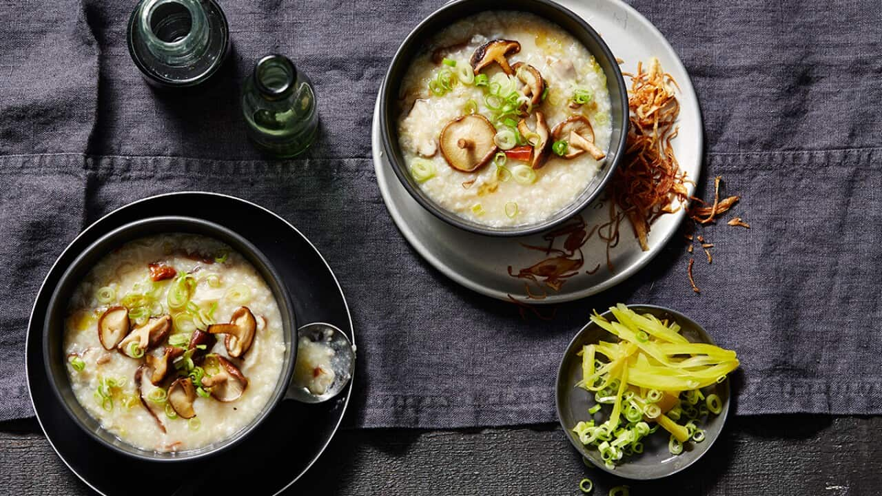 Chilli and garlic congee with shitake mushrooms 