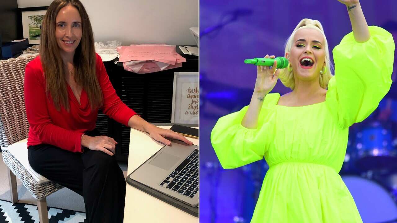 A split image. On the left is a woman sitting at a laptop on a desk, on the right is a woman singing on stage.