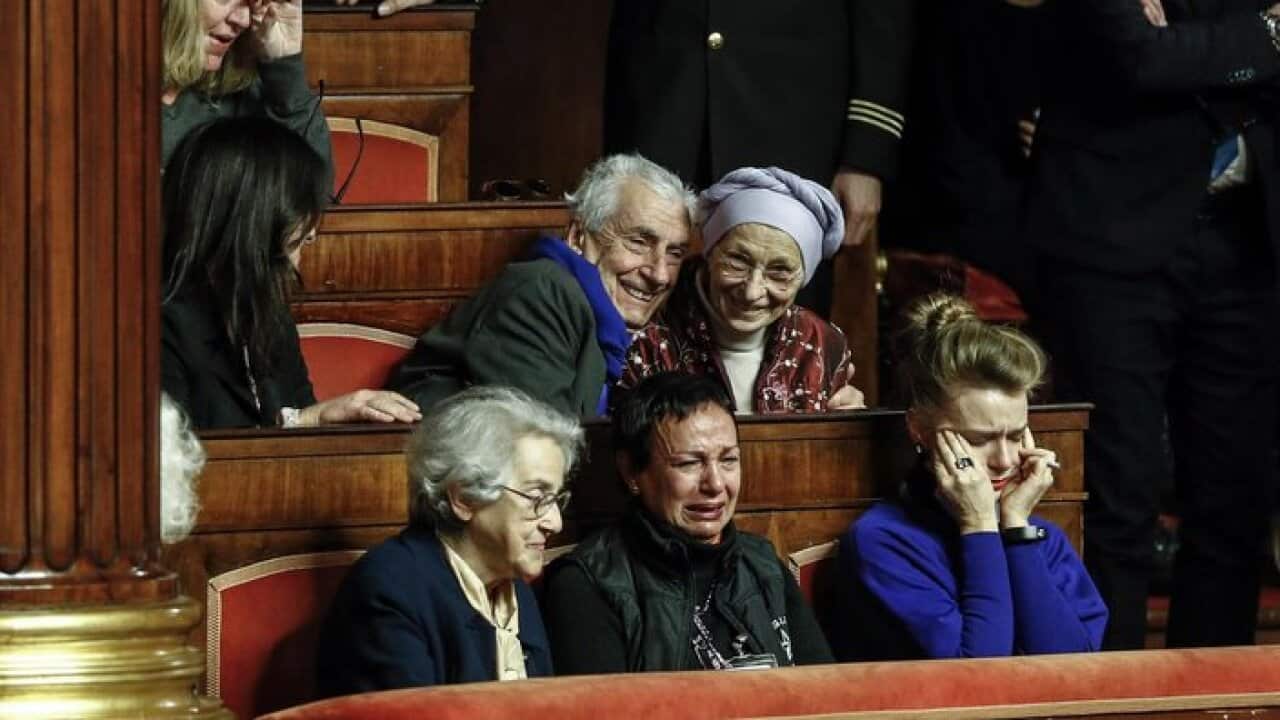 Former Minister of Foreign Affairs Emma Bonino reacts after Senate on Thursday gave final approval to a bill for living wills.