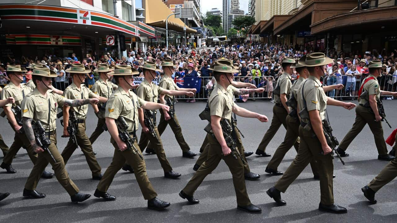 Members of the Australian Defence Force are seen marching during an Anzac Day parade