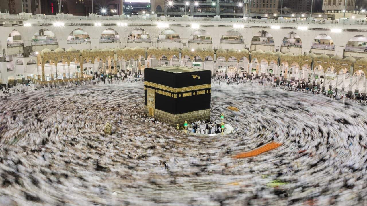 Muslim pilgrims circumvent the Kaaba at the Grand Mosque on the first day of Eid al Adha in Mecca, Saudi Arabia.