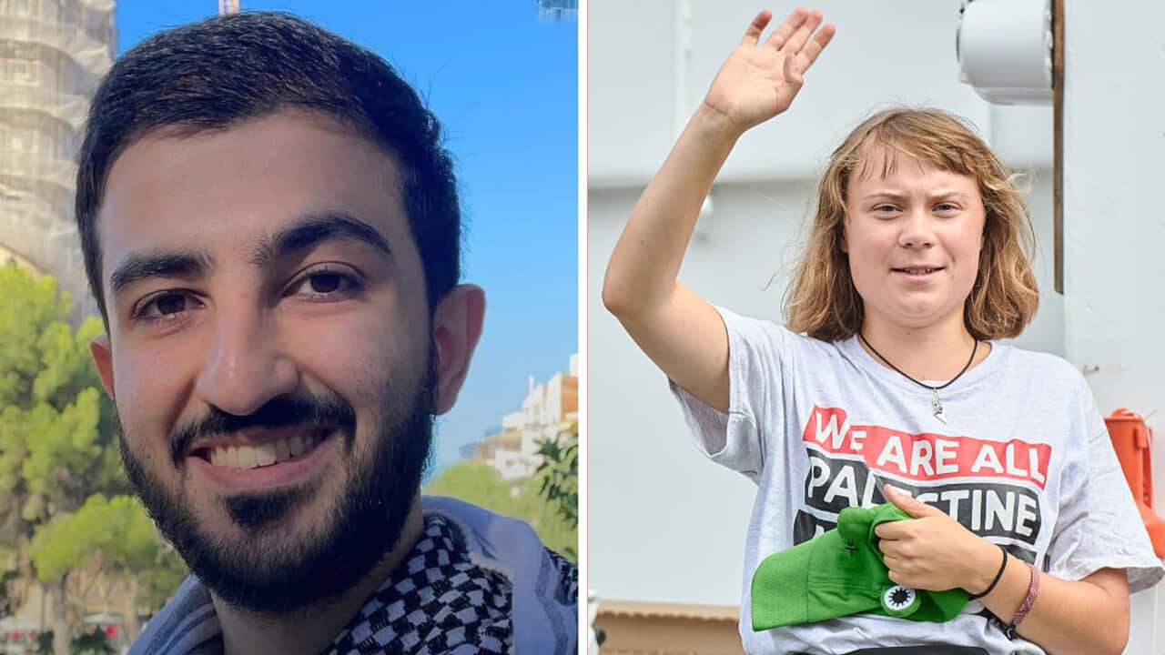 A composite of a smiling man and a woman waving her arm.