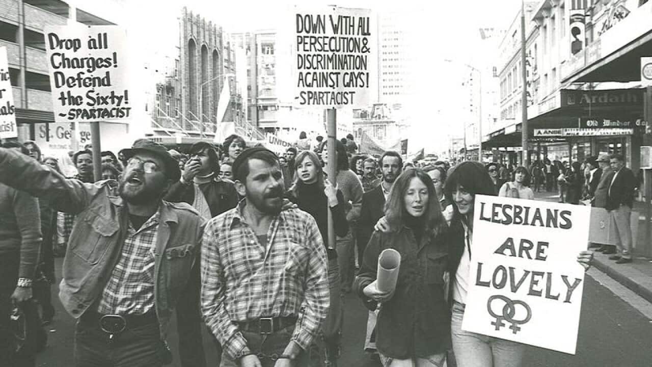 People march during the 1978 Mardi Gras in Sydney.