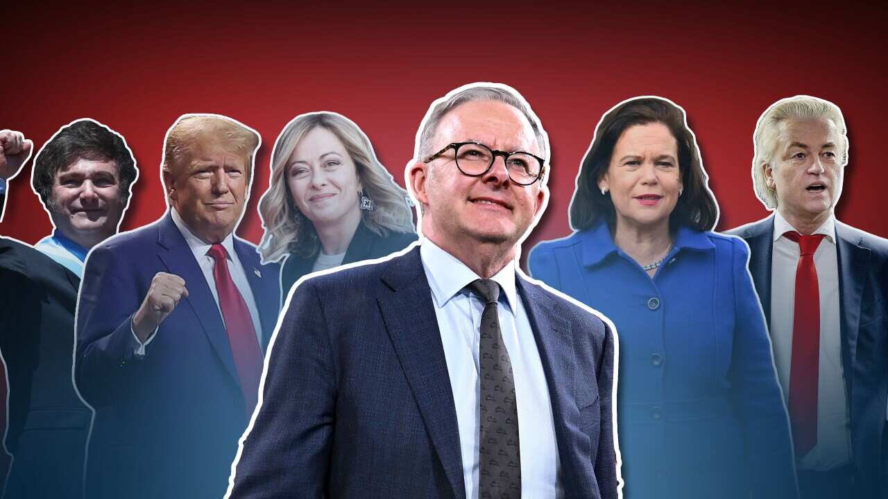 A graphic of Anthony Albanese and a host of populist leaders, including Donald Trump.