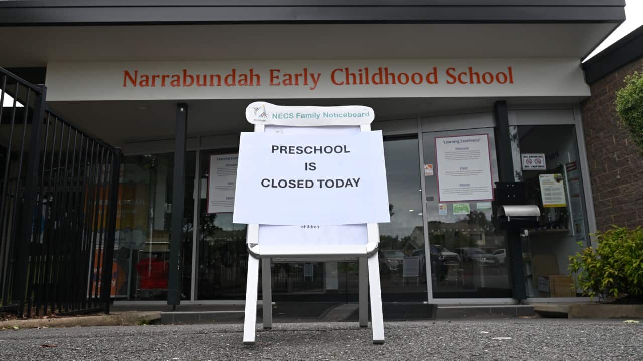 Sign reading "PRESCHOOL IS CLOSED TODAY" in front of school entrance