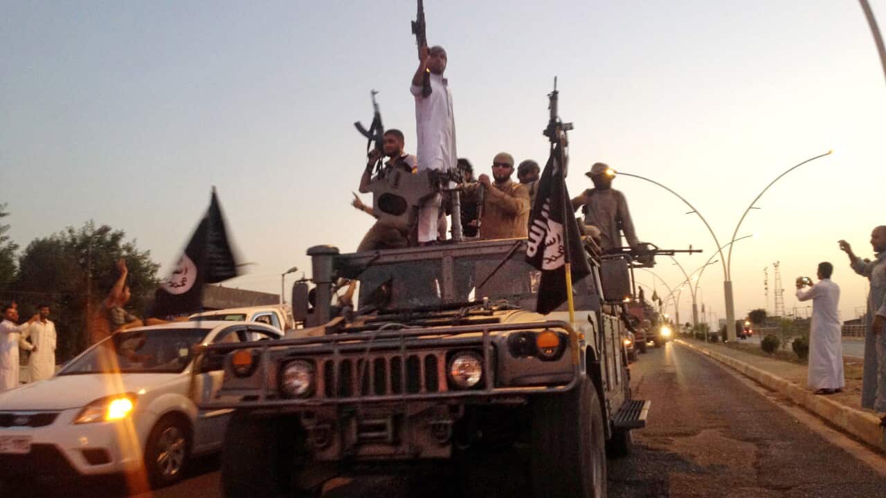 Fighters from the Islamic State group parade in a commandeered Iraqi security forces armored vehicle down a main road at the northern city of Mosul, Iraq