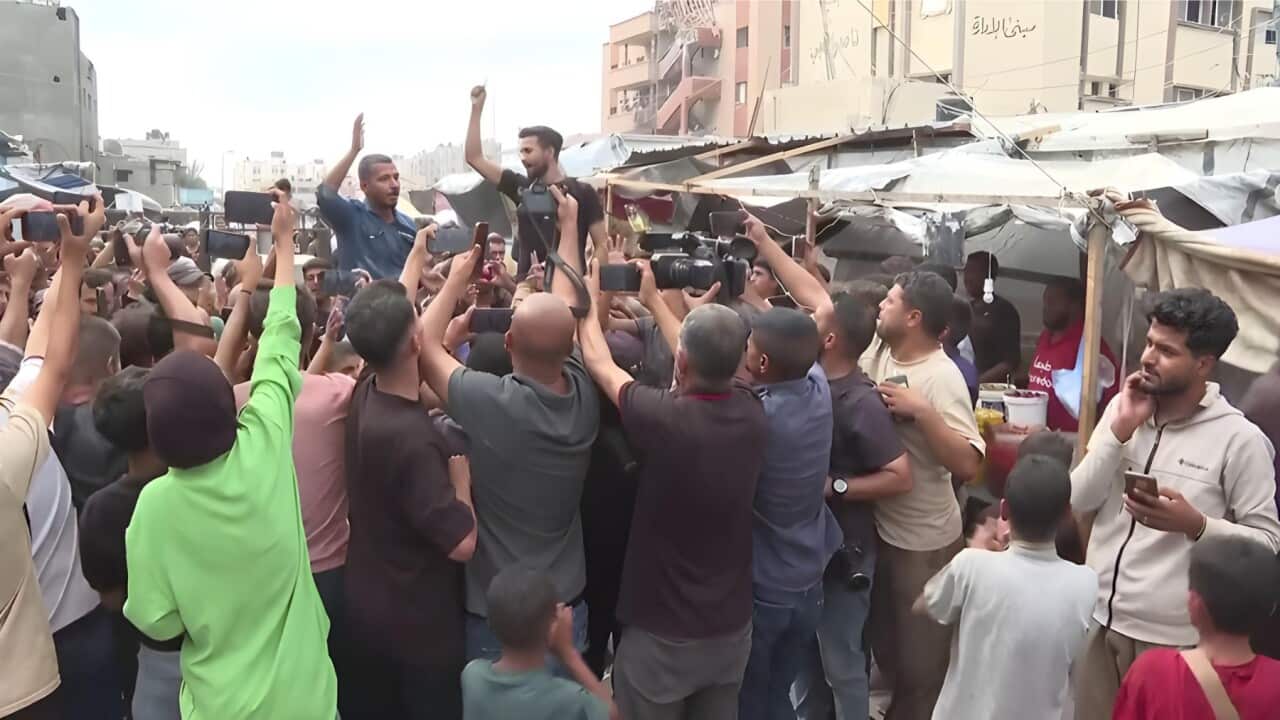 Celebrations in Khan Younis as the peace deal is agreed (AP)