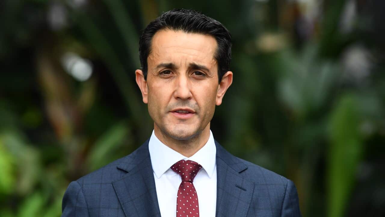 Premier David Crisafulli talks to media after being sworn in at Government House in Brisbane, Monday, October 28, 2024.