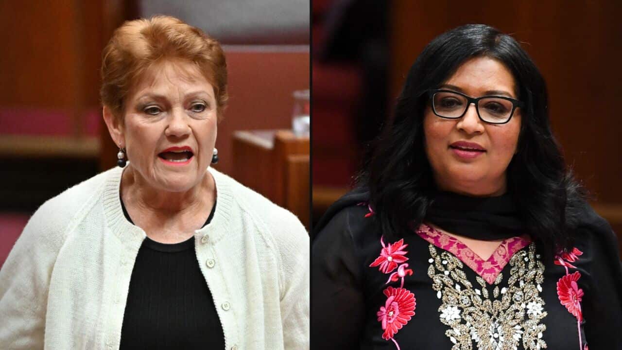 Split image of Pauline Hanson (left) and Mehreen Faruqi (right).