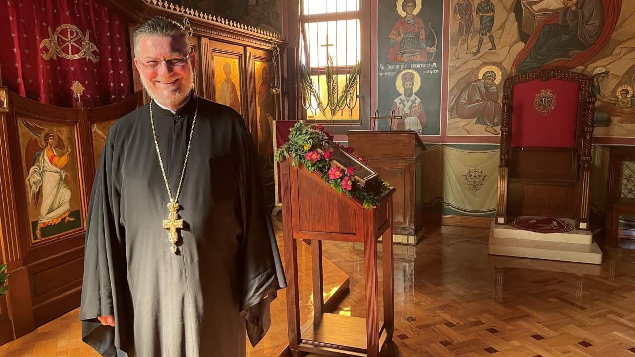 Father Miodrag Peric after a Sunday service at St. Lazarus Serbian Orthodox Church in Alexandria