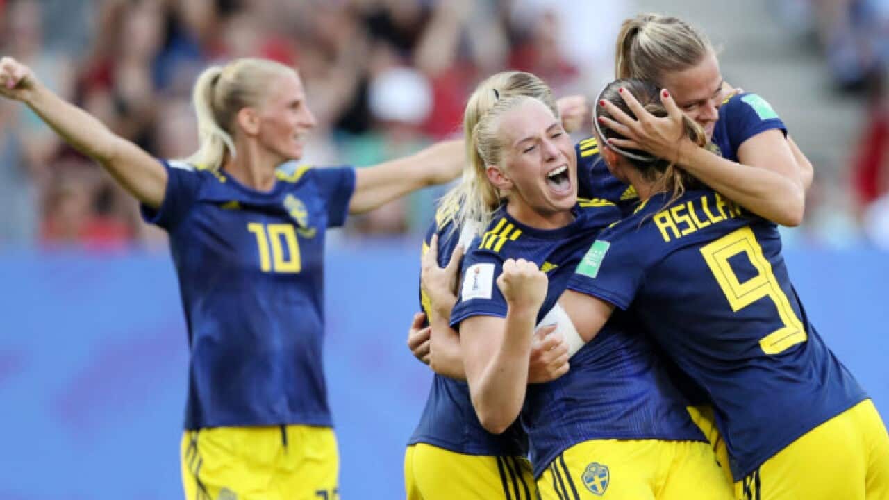 Stina Blackstenius and her Swedish teammates celebrate her goal in the 2019 Women's World Cup match against Germany (Getty Images)