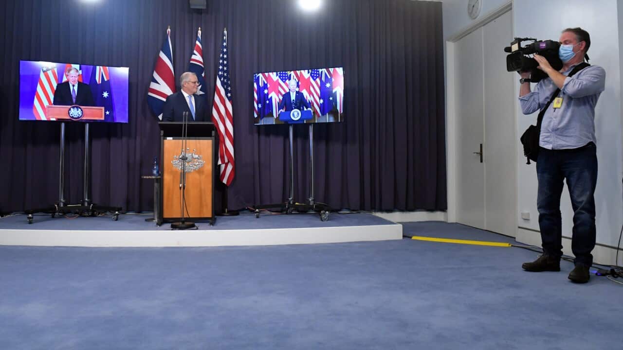 Scott Morrison, Joe Biden and Boris Johnson announce the nuclear sub deal