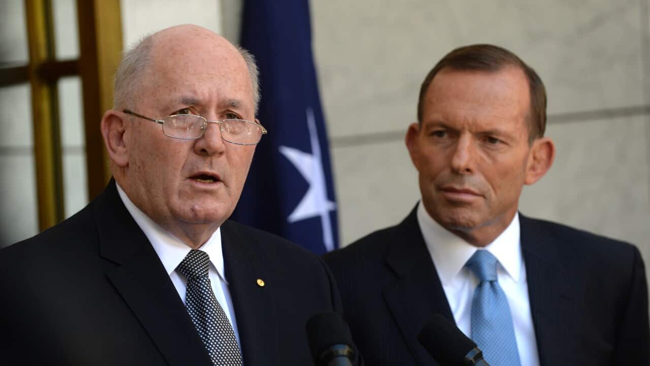Governor General designate General Peter Cosgrove (L) and Prime Minister Tony Abbott (R) aap.jpg