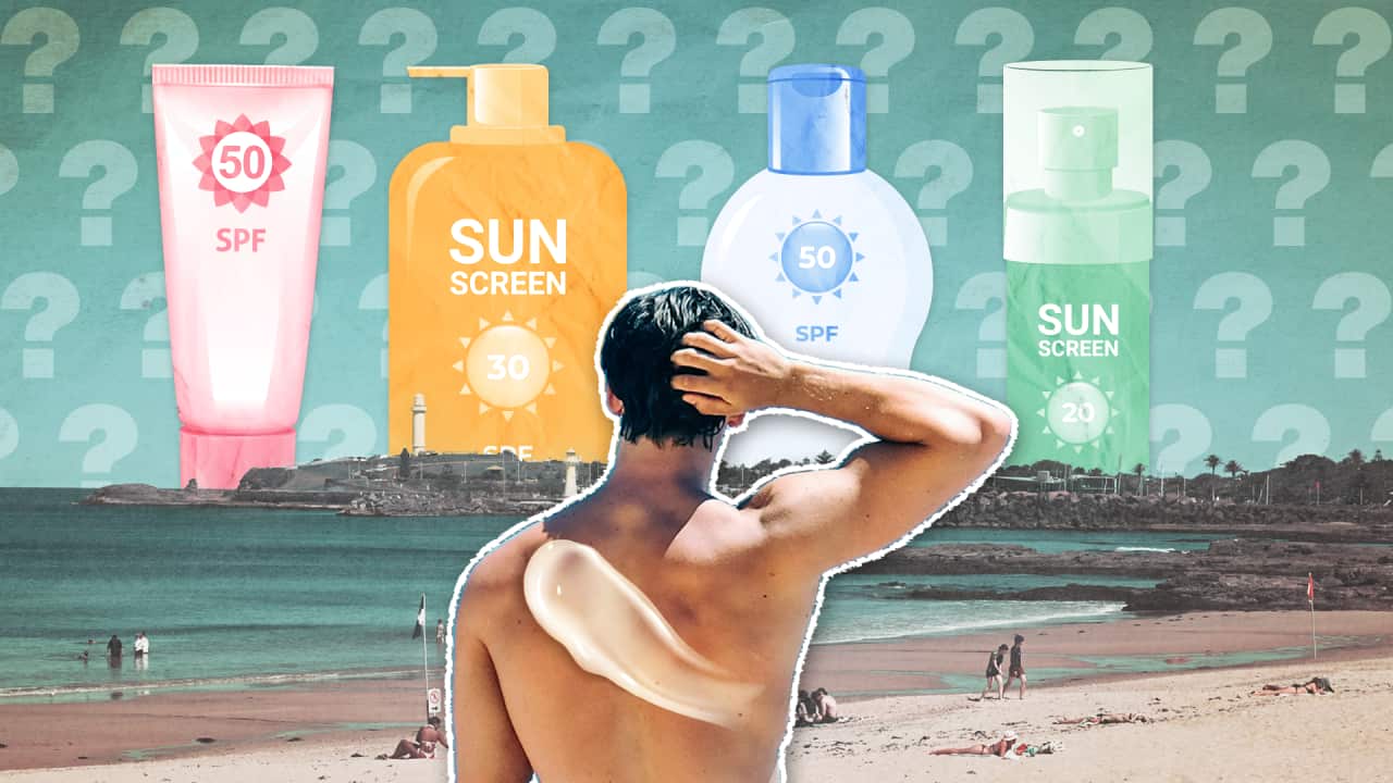 A collaged image of a man with his back turned with sunscreen on the back and bottles of sunscreen on the horizon