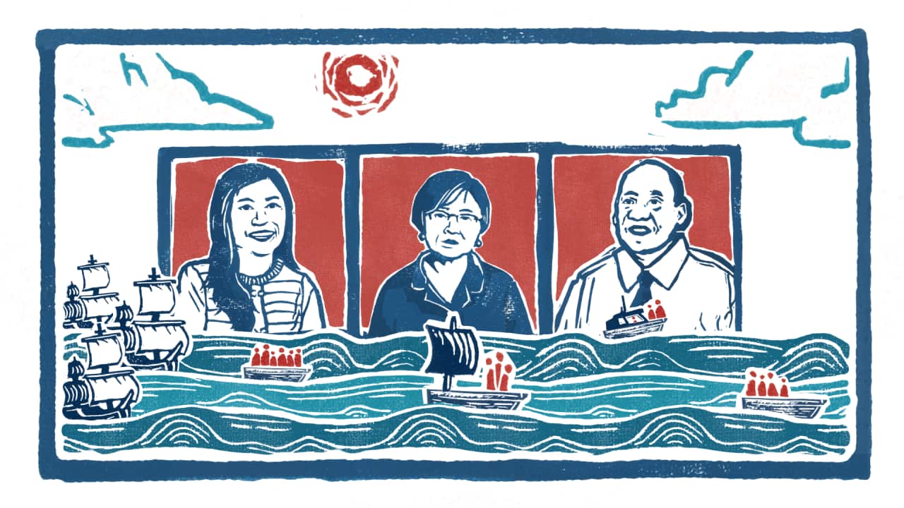 An illustrated picture depicting three people in photo frames hovering over an ocean with a variety of boats sailing across.