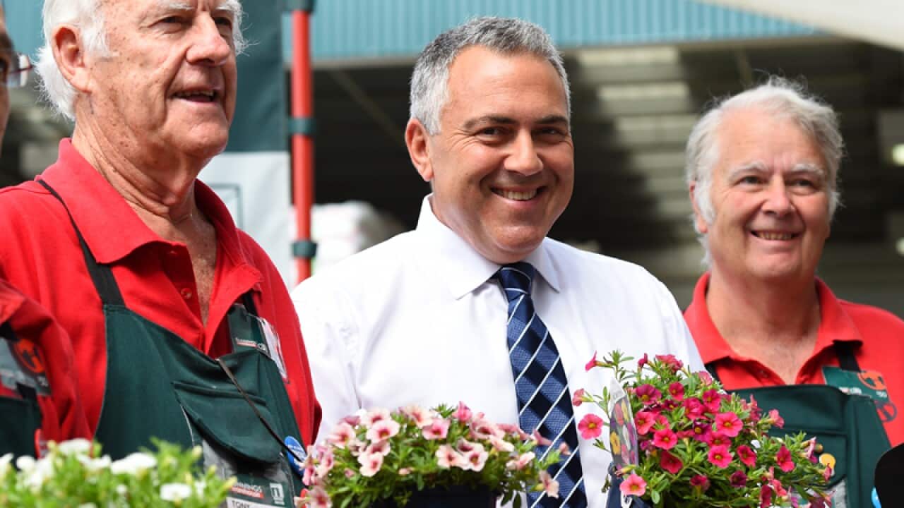 Federal Treasurer Joe Hockey with workers at Bunnings Chatswood.