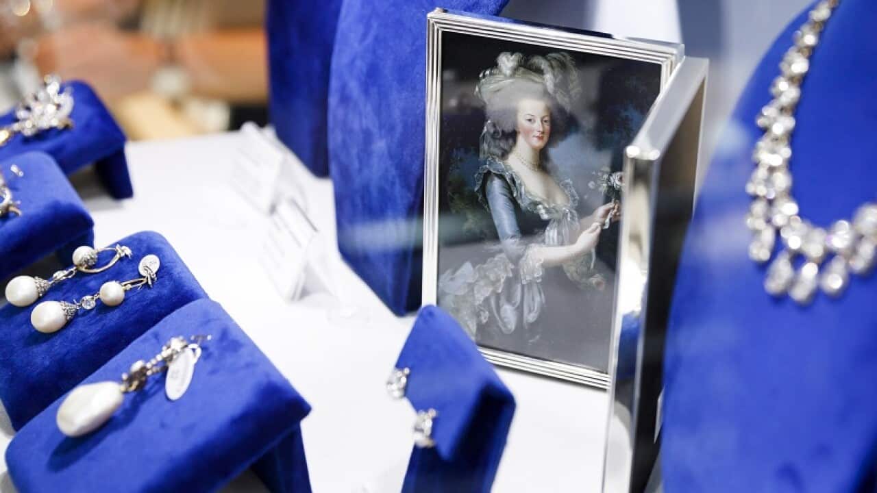 A display of jewellery that once belonged to French Queen Marie Antoinette, (pictured, 1755-1793) ahead of their auction.