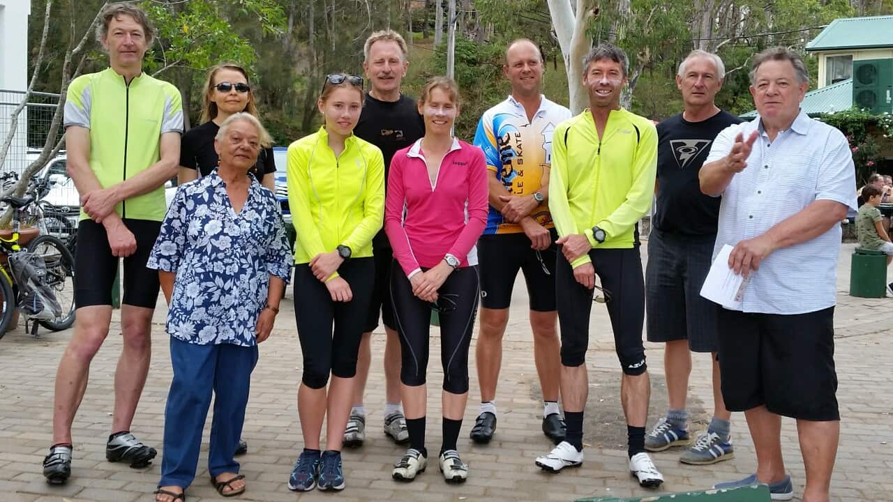 Uncle Neil Evers (right ) with riders of the first Bike Ride with Aboriginal People