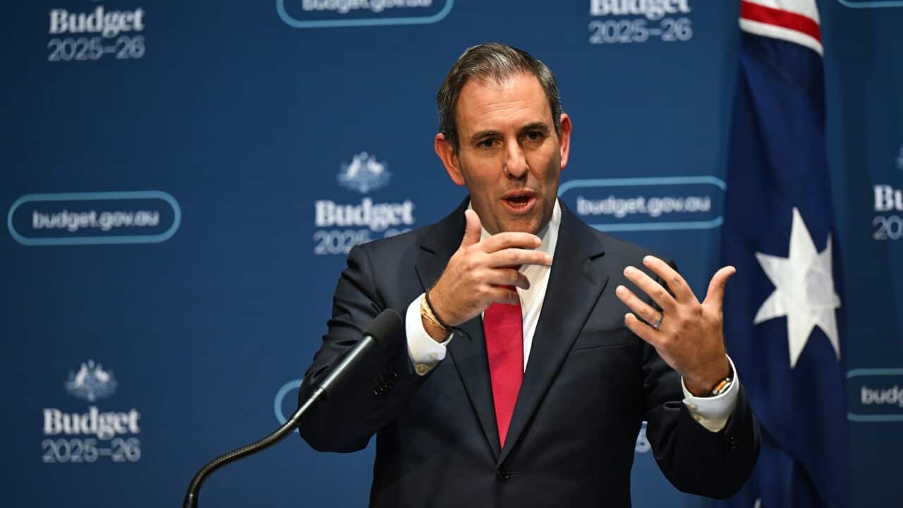 Treasurer Jim Chalmers speaks in front of a microphone during a press conference