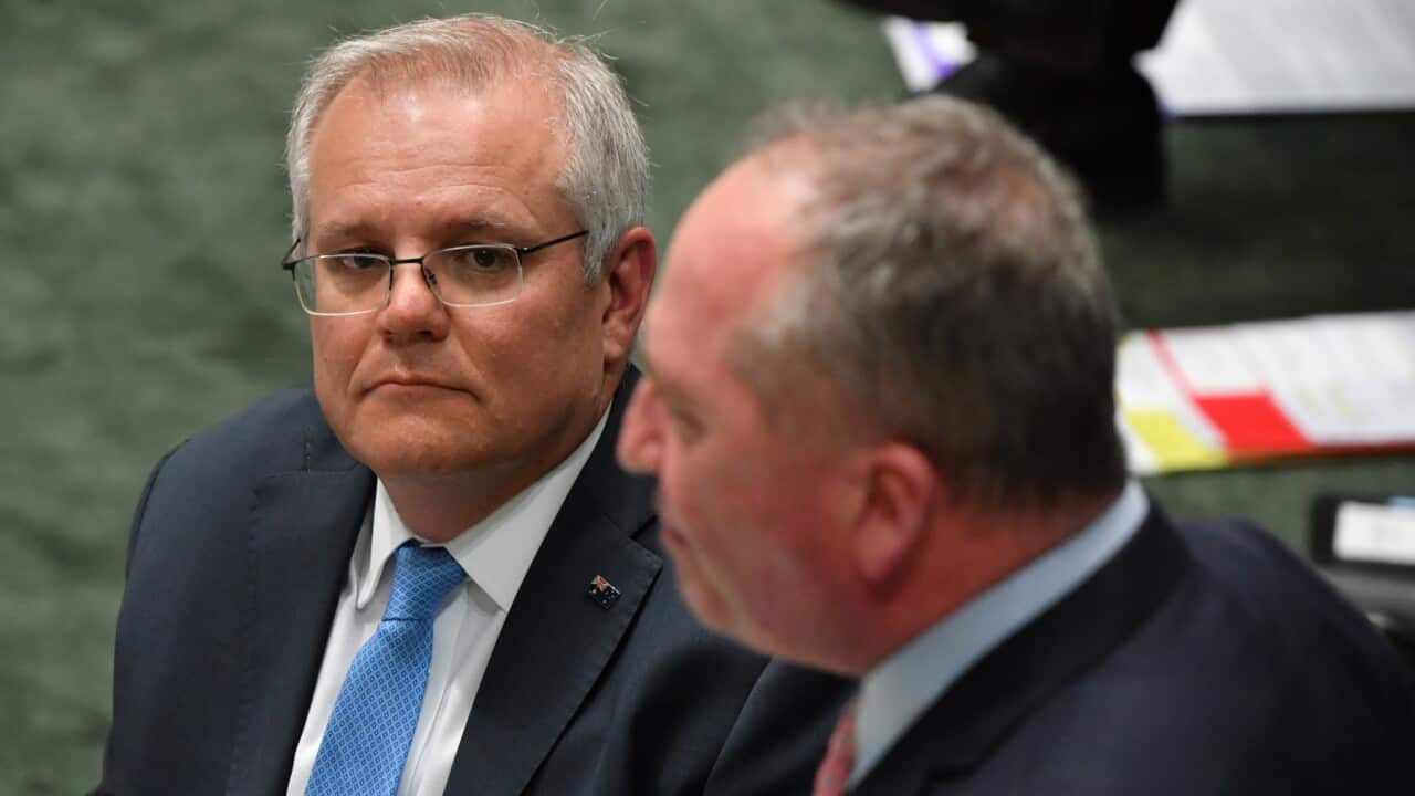 Prime Minister Scott Morrison and Deputy Prime Minister Barnaby Joyce during Question Time in the House of Representatives at Parliament House in Canberra, Tuesday, October 19, 2021. (AAP Image/Mick Tsikas) NO ARCHIVING