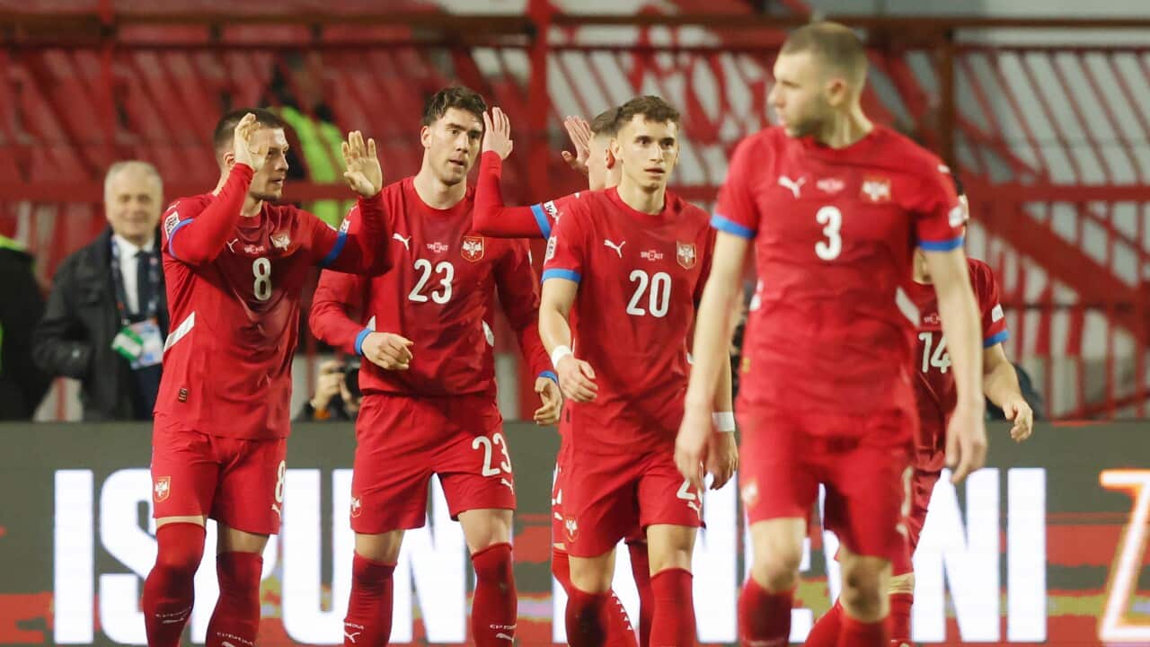 Serbia's Dusan Vlahovic (number 23) celebrates with teammates after scoring during 2-0 win against Austria in the UEFA Nations League play-off in Belgrade