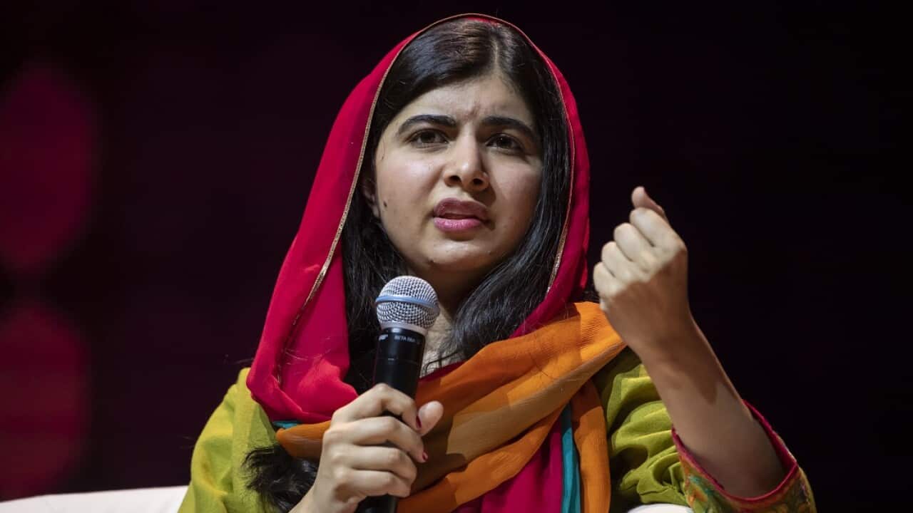 Pakistani activist Malala Yousafzai, the youngest Nobel Prize laureate, delivers a speech at the ICC Sydney Theatre in Sydney.