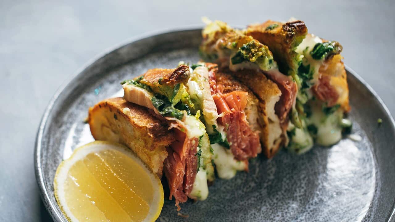 Pesto, proscuitto and taleggio toastie