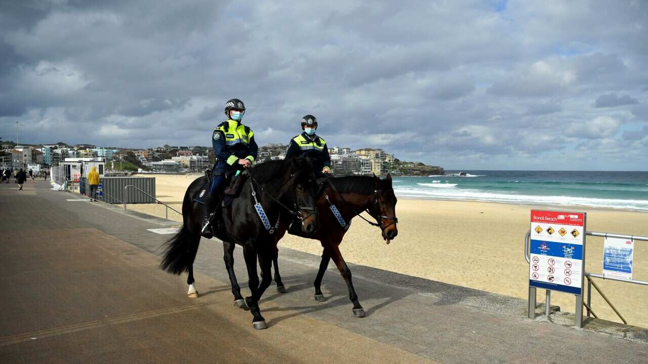 Mounted Police on patrol at Bondi Beach in Sydney, Monday, June 28, 2021.